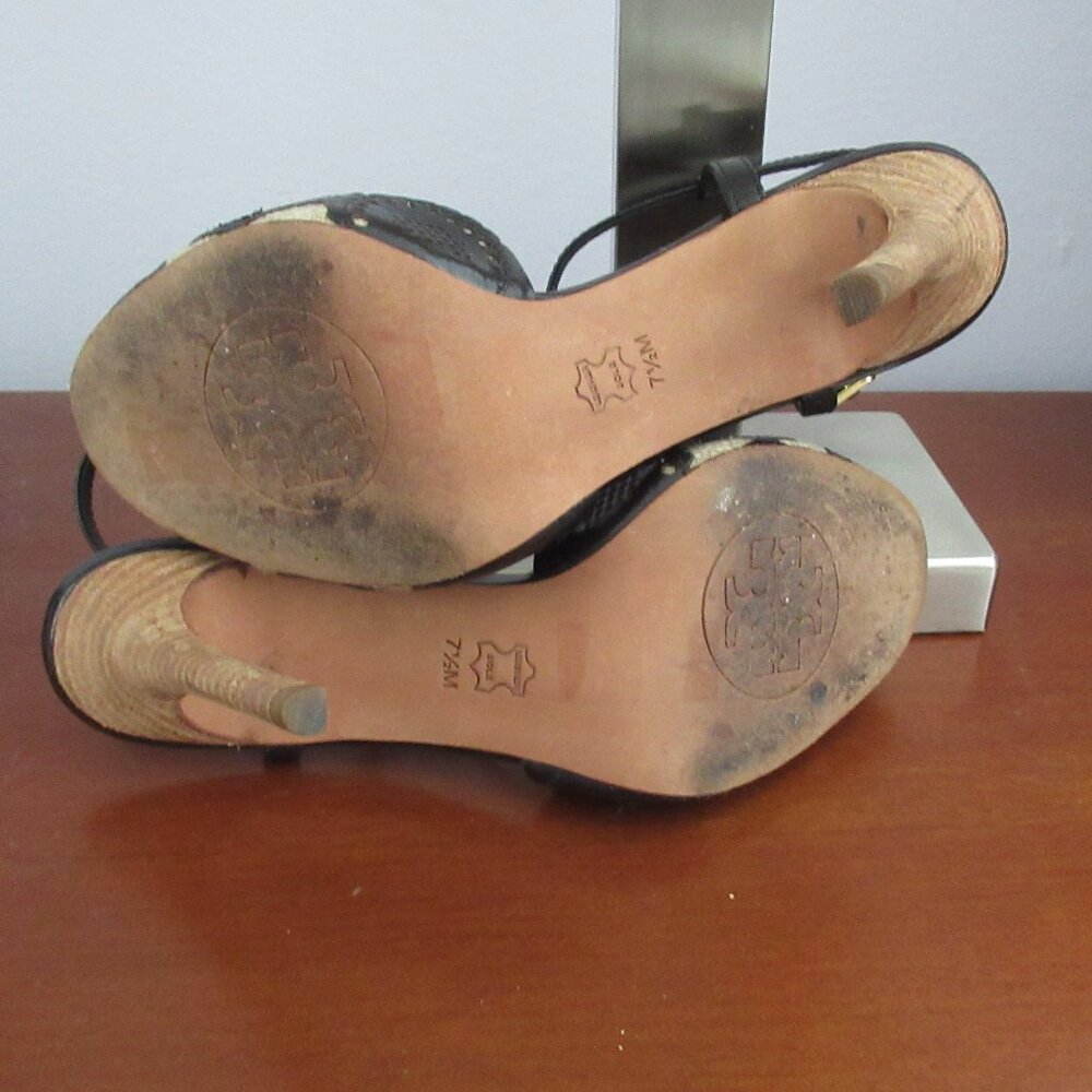 TORY BURCH, ALEXA Genuine Leather Peep Toe High Heel Sandal Black & Tan Sz. 6.5 - Picture 13 of 13